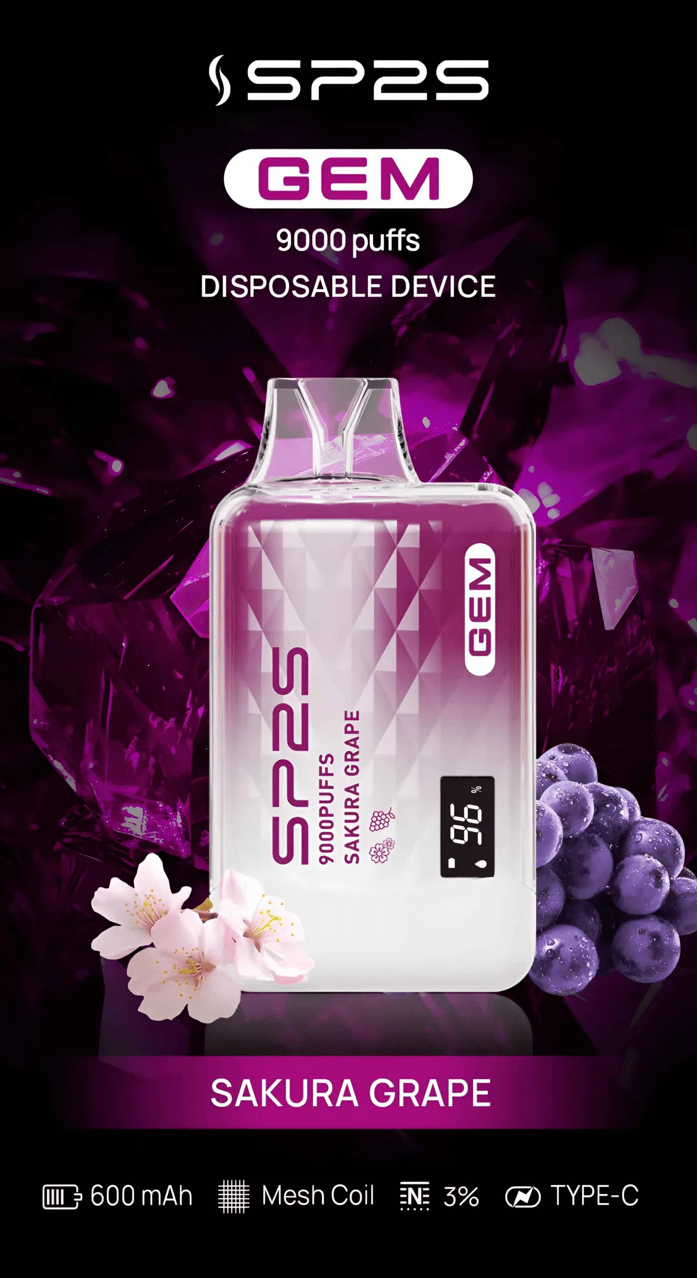 SP2S 一次性/拋棄式電子煙 9000 口 櫻花葡萄
